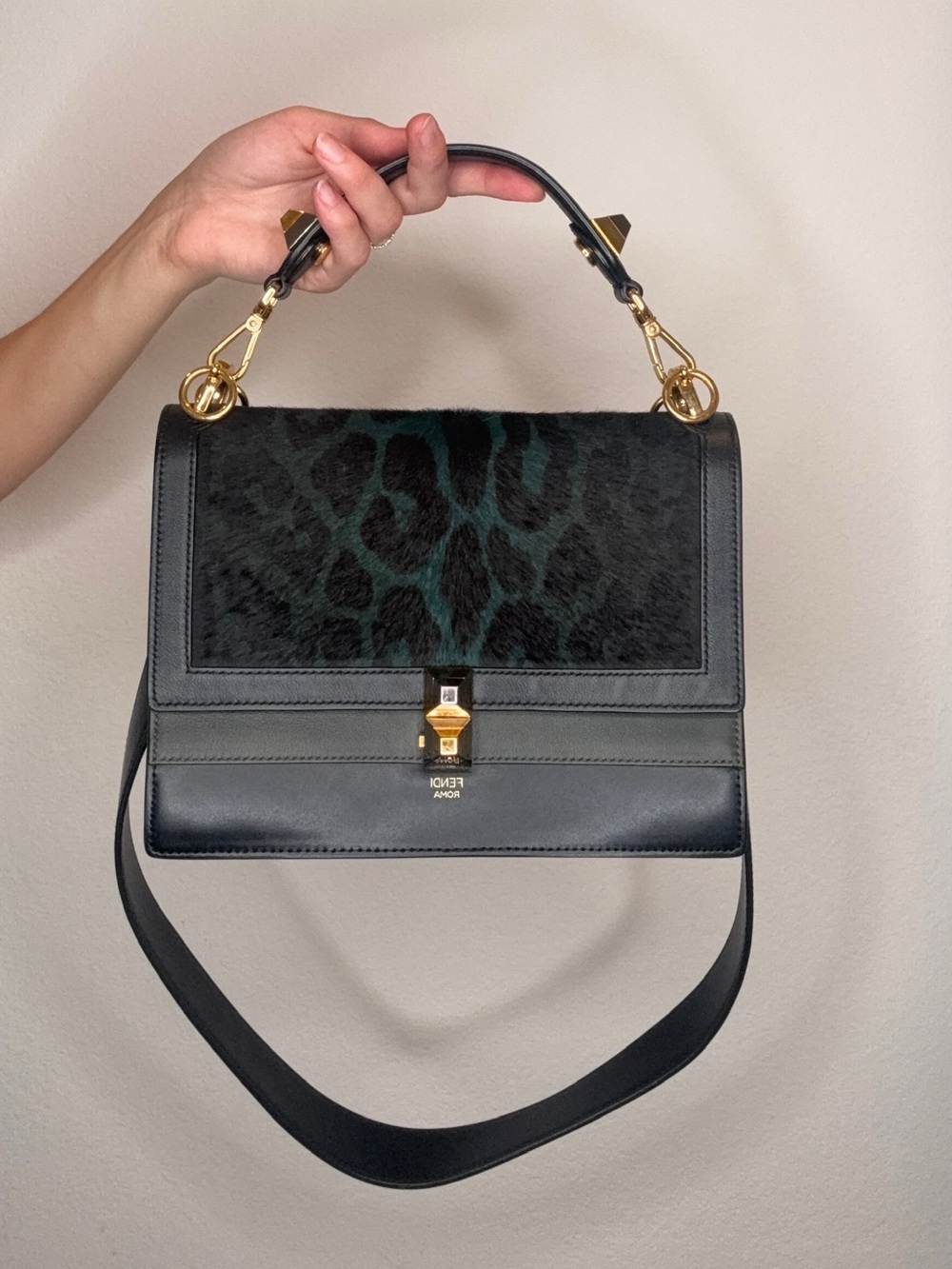 Fendi Black Shoulder Bag with Dark Green Leopard Flap
